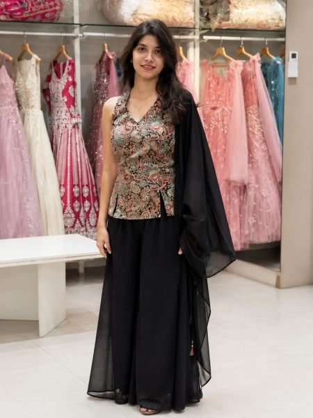 Effortless Black Faux Georgette 3 Piece Suit Set with Front and Back Embroidery Work For Wedding Ready To Wear Suit