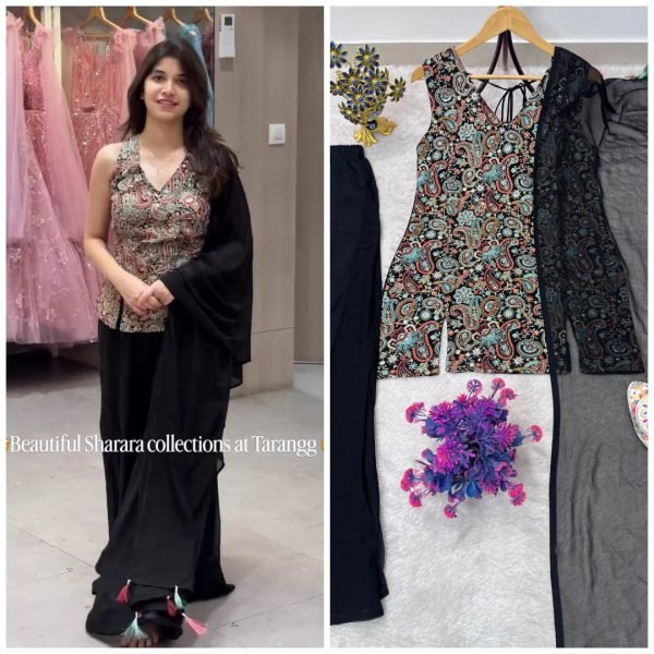 Effortless Black Faux Georgette 3 Piece Suit Set with Front and Back Embroidery Work For Wedding Ready To Wear Collection