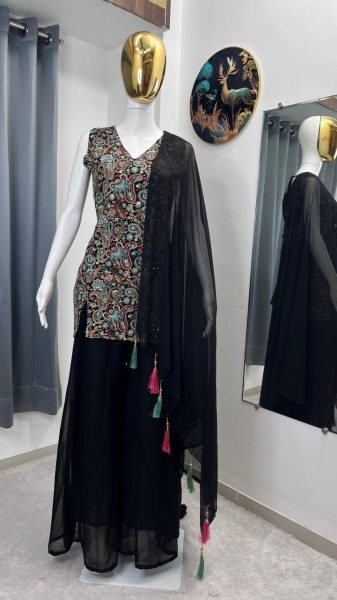 Effortless Black Faux Georgette 3 Piece Suit Set with Front and Back Embroidery Work For Wedding Ready To Wear Collection