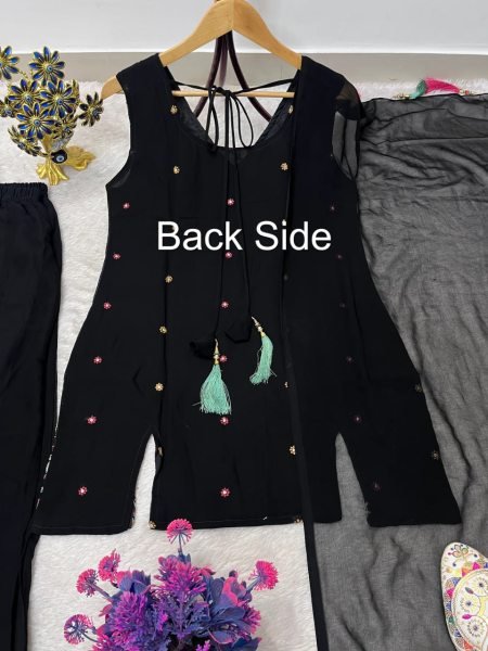 Effortless Black Faux Georgette 3 Piece Suit Set with Front and Back Embroidery Work For Wedding Ready To Wear Collection