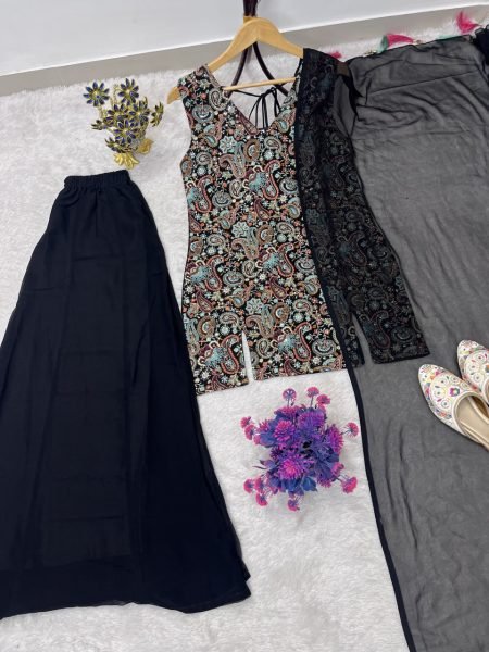 Effortless Black Faux Georgette 3 Piece Suit Set with Front and Back Embroidery Work For Wedding Ready To Wear Collection