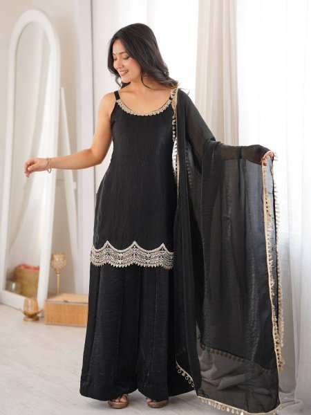 Effortless Black Fendy Silk Sharara Suit with Real Mirror Work For Factory Outlet Price Ready To Wear Suit