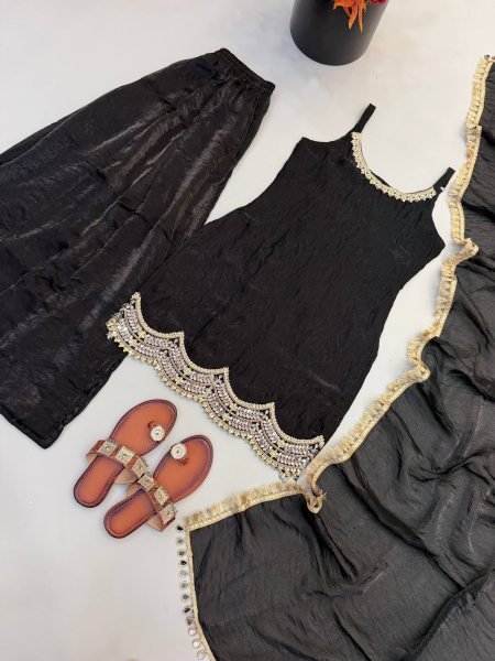 Effortless Black Fendy Silk Sharara Suit with Real Mirror Work For Factory Outlet Price Ready To Wear Collection