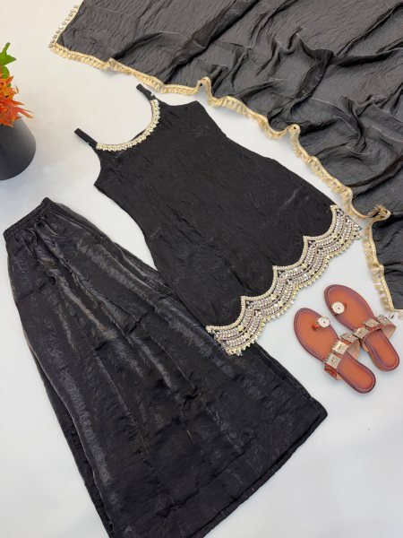 Effortless Black Fendy Silk Sharara Suit with Real Mirror Work For Factory Outlet Price Ready To Wear Collection