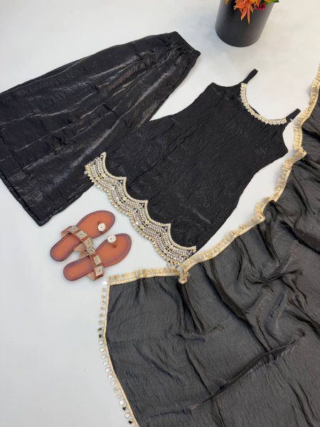 Effortless Black Fendy Silk Sharara Suit with Real Mirror Work For Factory Outlet Price Ready To Wear Collection