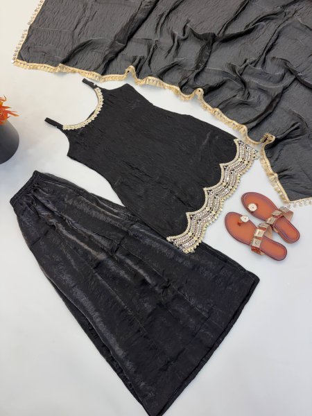 Effortless Black Fendy Silk Sharara Suit with Real Mirror Work For Factory Outlet Price Ready To Wear Collection