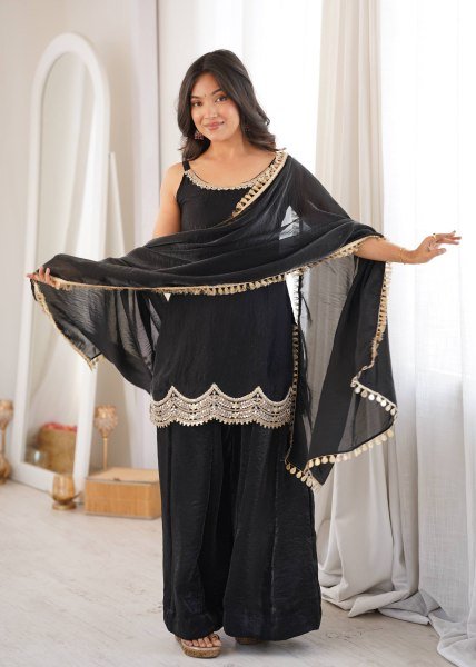 Effortless Black Fendy Silk Sharara Suit with Real Mirror Work For Factory Outlet Price Ready To Wear Collection