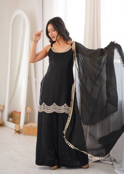 Effortless Black Fendy Silk Sharara Suit with Real Mirror Work For Factory Outlet Price Ready To Wear Collection