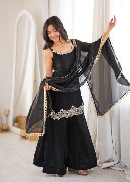 Effortless Black Fendy Silk Sharara Suit with Real Mirror Work For Factory Outlet Price Ready To Wear Collection