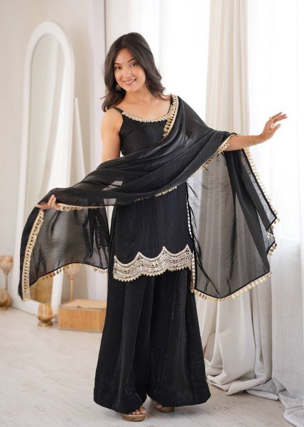 Effortless Black Fendy Silk Sharara Suit with Real Mirror Work For Factory Outlet Price Ready To Wear Collection