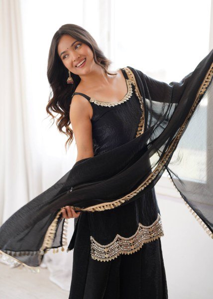 Effortless Black Fendy Silk Sharara Suit with Real Mirror Work For Factory Outlet Price Ready To Wear Collection
