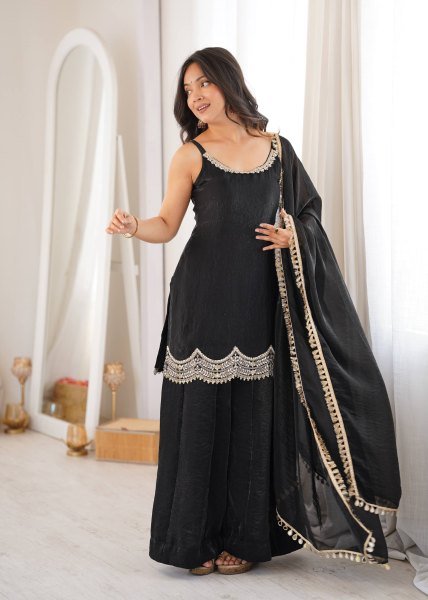 Effortless Black Fendy Silk Sharara Suit with Real Mirror Work For Factory Outlet Price Ready To Wear Collection