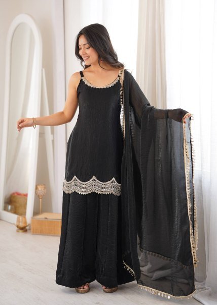 Effortless Black Fendy Silk Sharara Suit with Real Mirror Work For Factory Outlet Price Ready To Wear Collection