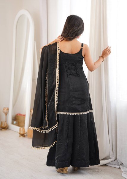 Effortless Black Fendy Silk Sharara Suit with Real Mirror Work For Factory Outlet Price Ready To Wear Collection