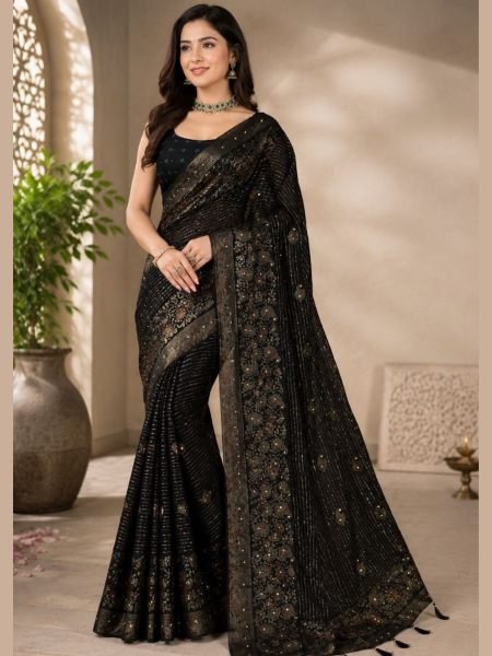 Effortless Black Georgette Saree with Multicolour Foil Print and Diamond Work Sarees 