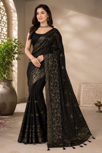 Effortless Black Georgette Saree with Multicolour Foil Print and Diamond Work Georgette Sarees Wholesale
