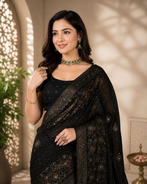 Effortless Black Georgette Saree with Multicolour Foil Print and Diamond Work Georgette Sarees Wholesale