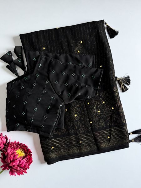 Effortless Black Georgette Saree with Multicolour Foil Print and Diamond Work Georgette Sarees Wholesale