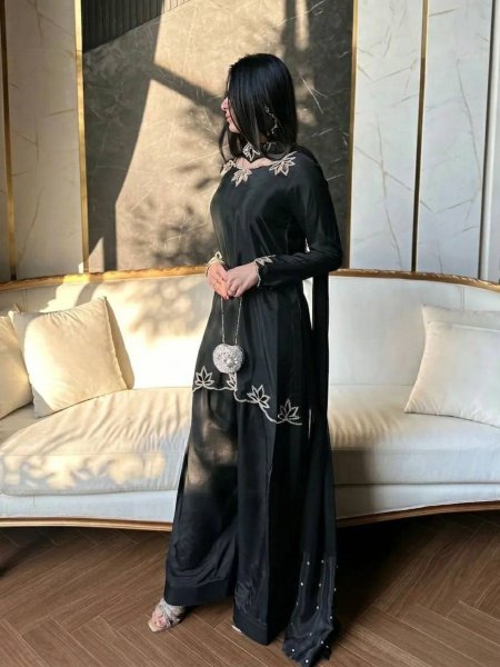 Effortless Black Natural Crepe Farshi Salwar Suit with Moti Embroidery for Festive Wear Ready To Wear Suit