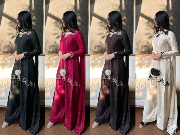 Effortless Black Natural Crepe Farshi Salwar Suit with Moti Embroidery for Festive Wear Ready To Wear Collection