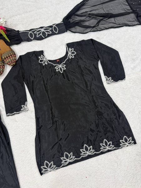 Effortless Black Natural Crepe Farshi Salwar Suit with Moti Embroidery for Festive Wear Ready To Wear Collection
