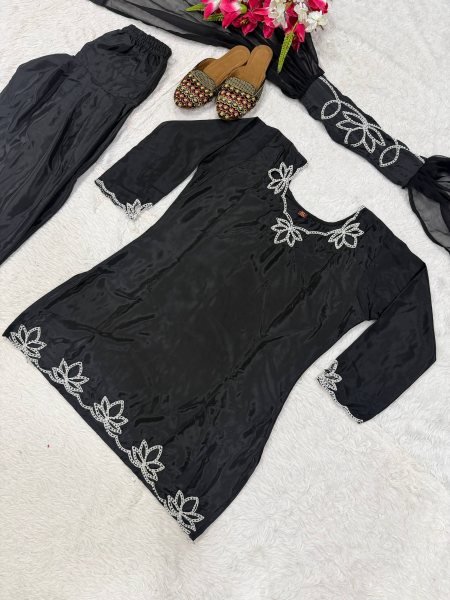 Effortless Black Natural Crepe Farshi Salwar Suit with Moti Embroidery for Festive Wear Ready To Wear Collection