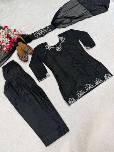 Effortless Black Natural Crepe Farshi Salwar Suit with Moti Embroidery for Festive Wear Ready To Wear Collection