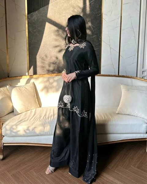 Effortless Black Natural Crepe Farshi Salwar Suit with Moti Embroidery for Festive Wear Ready To Wear Collection