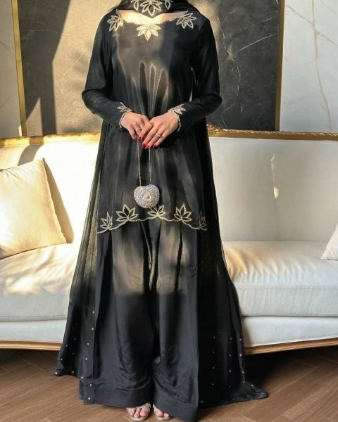Effortless Black Natural Crepe Farshi Salwar Suit with Moti Embroidery for Festive Wear Ready To Wear Collection