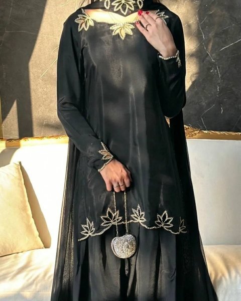Effortless Black Natural Crepe Farshi Salwar Suit with Moti Embroidery for Festive Wear Ready To Wear Collection