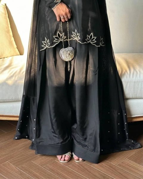 Effortless Black Natural Crepe Farshi Salwar Suit with Moti Embroidery for Festive Wear Ready To Wear Collection
