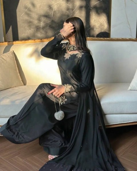 Effortless Black Natural Crepe Farshi Salwar Suit with Moti Embroidery for Festive Wear Ready To Wear Collection