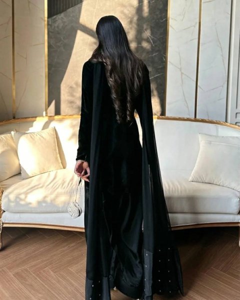 Effortless Black Natural Crepe Farshi Salwar Suit with Moti Embroidery for Festive Wear Ready To Wear Collection