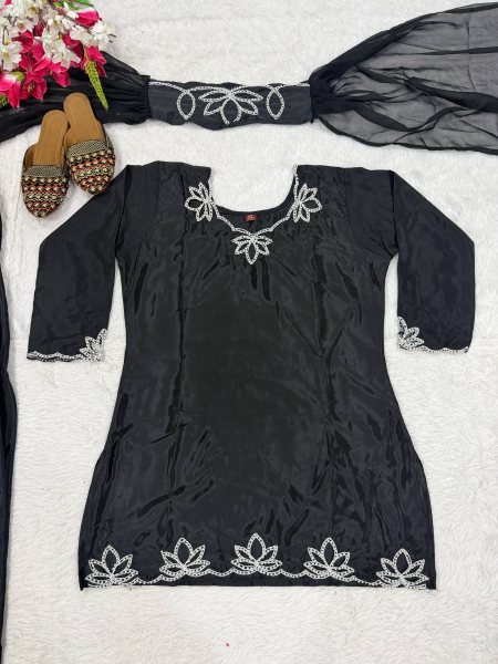 Effortless Black Natural Crepe Farshi Salwar Suit with Moti Embroidery for Festive Wear Ready To Wear Collection