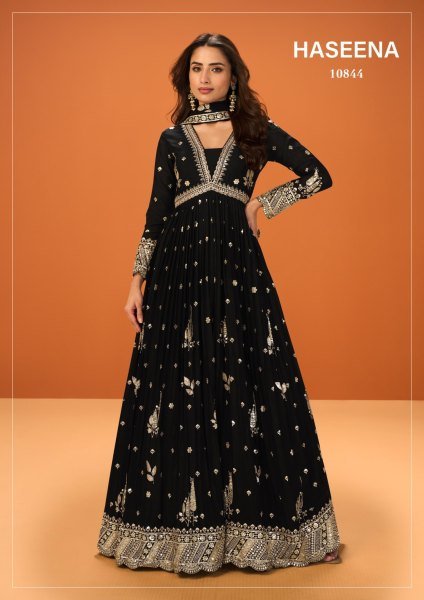 Effortless Black Premium Chinnon Silk Top Dupatta Set for Women Anarakali Gown Wholesale