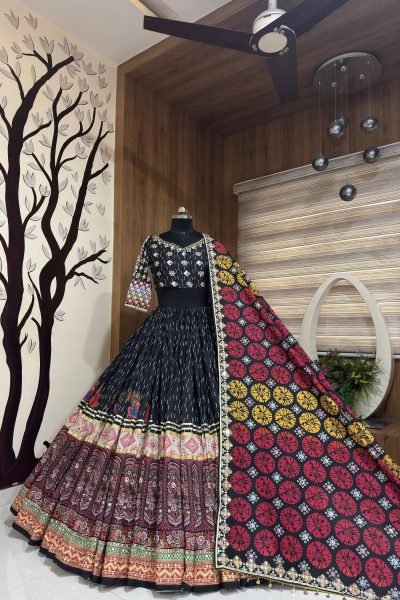 Effortless Black Printed Muslin Cotton Lehenga Choli with Coin Handwork Lace Dupatta Navratri Lehnega Choli