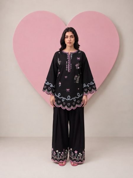 Effortless Black Readymade Cotton Flex Embroidered Top Bottom Dupatta Set Kurtis