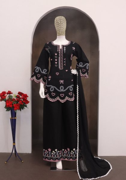 Effortless Black Readymade Cotton Flex Embroidered Top Bottom Dupatta Set CO ORD Sets
