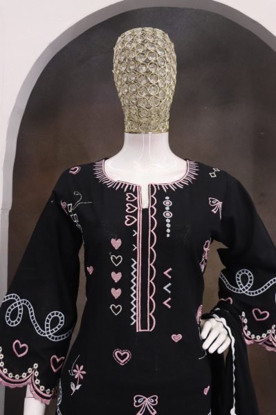 Effortless Black Readymade Cotton Flex Embroidered Top Bottom Dupatta Set CO ORD Sets