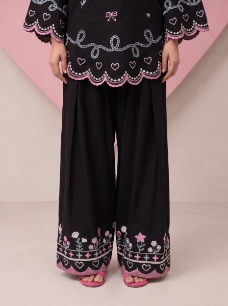 Effortless Black Readymade Cotton Flex Embroidered Top Bottom Dupatta Set CO ORD Sets