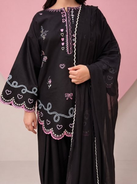 Effortless Black Readymade Cotton Flex Embroidered Top Bottom Dupatta Set CO ORD Sets