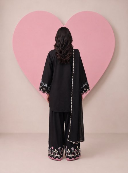 Effortless Black Readymade Cotton Flex Embroidered Top Bottom Dupatta Set CO ORD Sets
