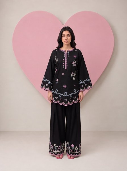 Effortless Black Readymade Cotton Flex Embroidered Top Bottom Dupatta Set CO ORD Sets