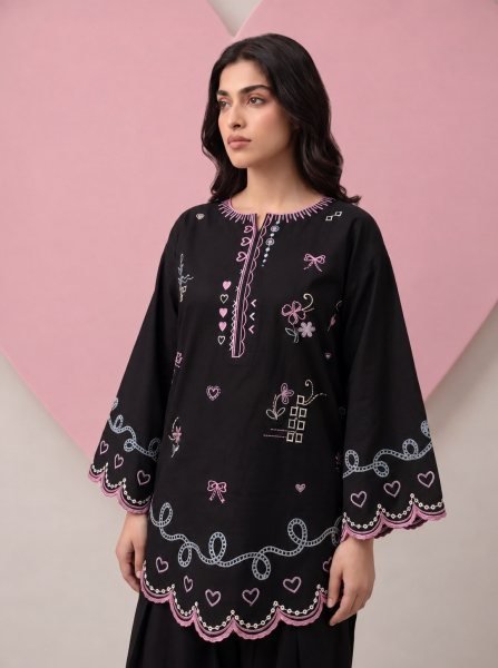 Effortless Black Readymade Cotton Flex Embroidered Top Bottom Dupatta Set CO ORD Sets