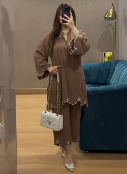 Effortless Brown Viscose Rayon Kurta Set with 3 4 Sleeves and Matching Bottom CO ORD Sets