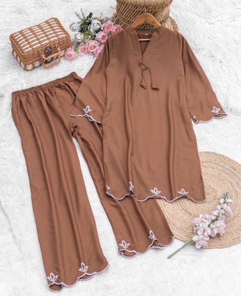 Effortless Brown Viscose Rayon Kurta Set with 3 4 Sleeves and Matching Bottom CO ORD Sets