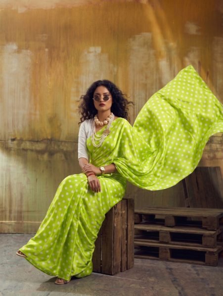 Effortless Green Japan Satin Saree with Polka Dot Print for Women Bollywood Fancy Sarees Wholesale