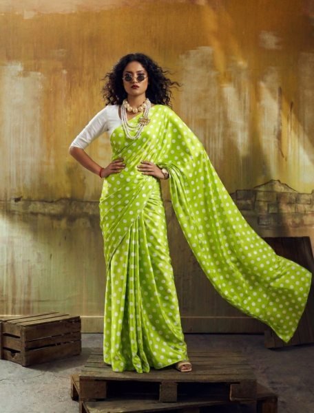 Effortless Green Japan Satin Saree with Polka Dot Print for Women Bollywood Fancy Sarees Wholesale