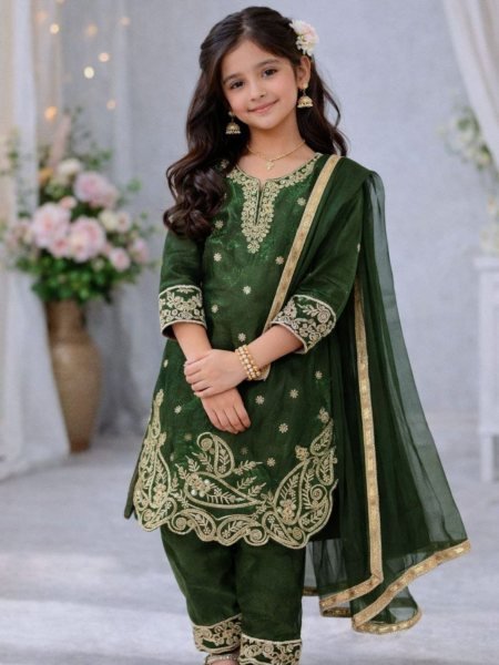 Effortless Green Latest Kids Ethnic Wear Collection for Eid and Festivals Kurtis