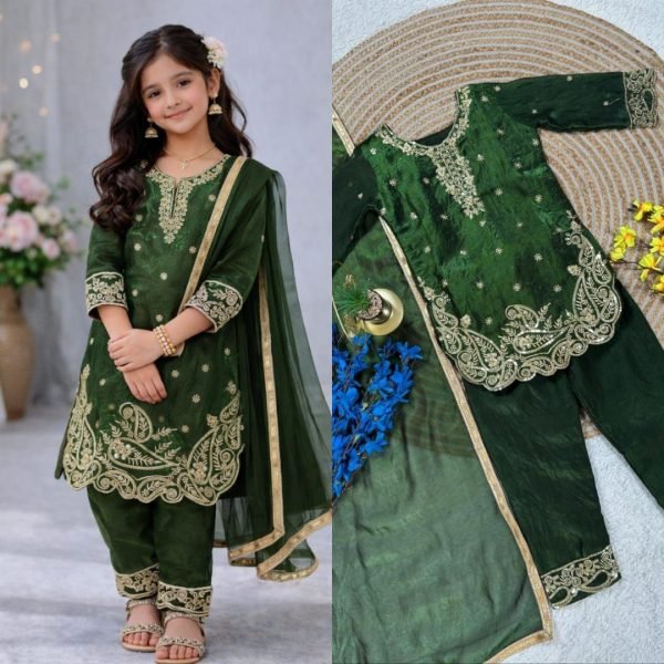 Effortless Green Latest Kids Ethnic Wear Collection for Eid and Festivals Girls Wear